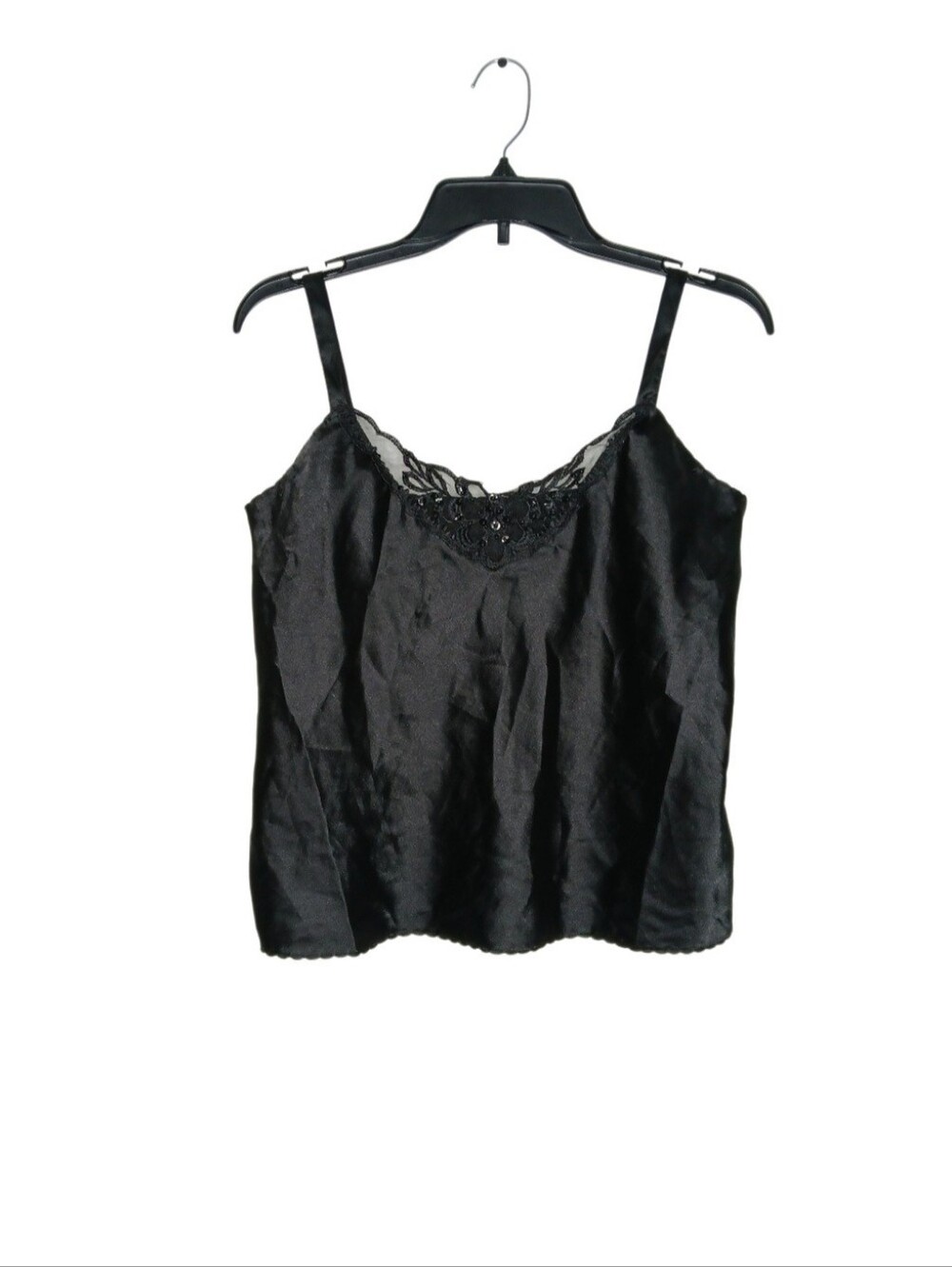Chic Womens Black Lace-Trim Satin Top